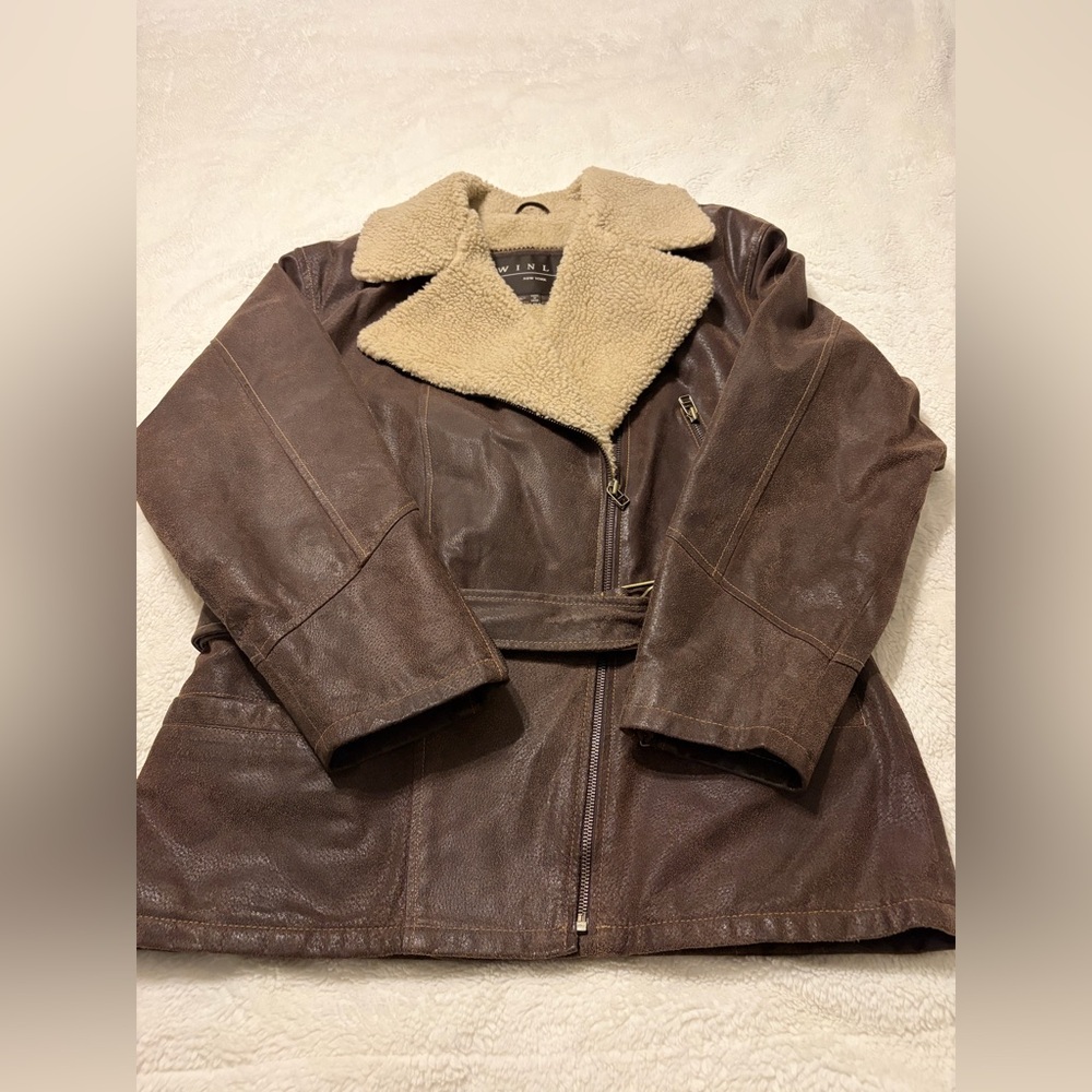 WINLIT GENUINE LEATHER JACKET BROWN BELTED SHERPA QUILTED SZ M - Picture 5 of 8
